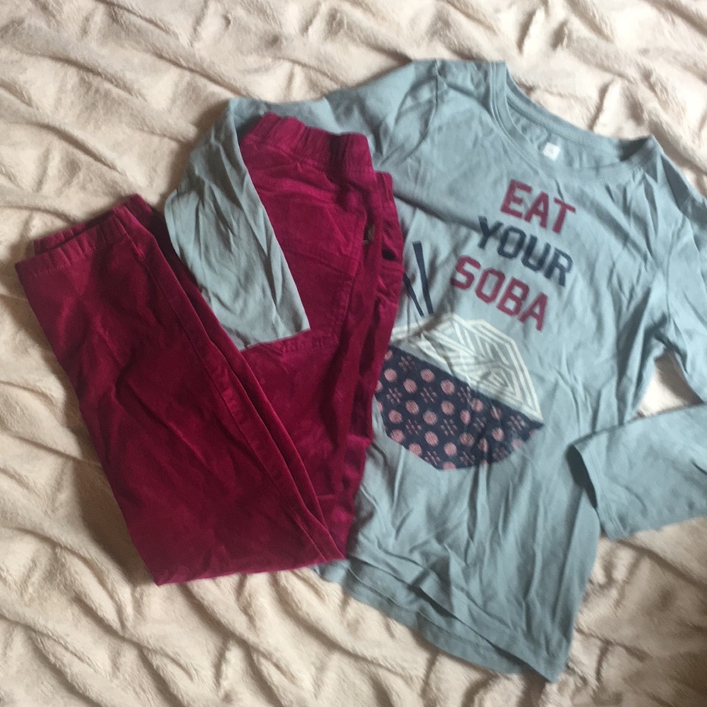 Tea fuchsia velvet skinny pants and shirt size 12